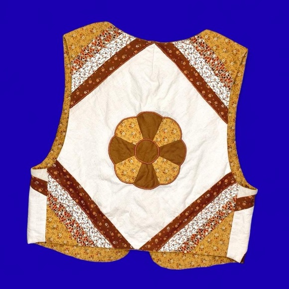 Vintage 70’s Handmade Brown Cream Patchwork Floral Cottage Reversible Vest - Picture 4 of 8